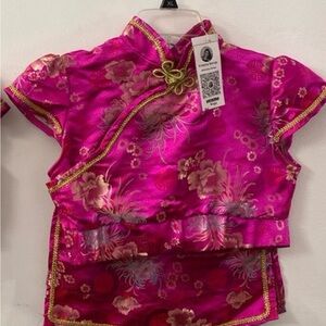 Girls Hot Pink Floral Satin Chinese 2 Piece Dance Costume (Custom Made)